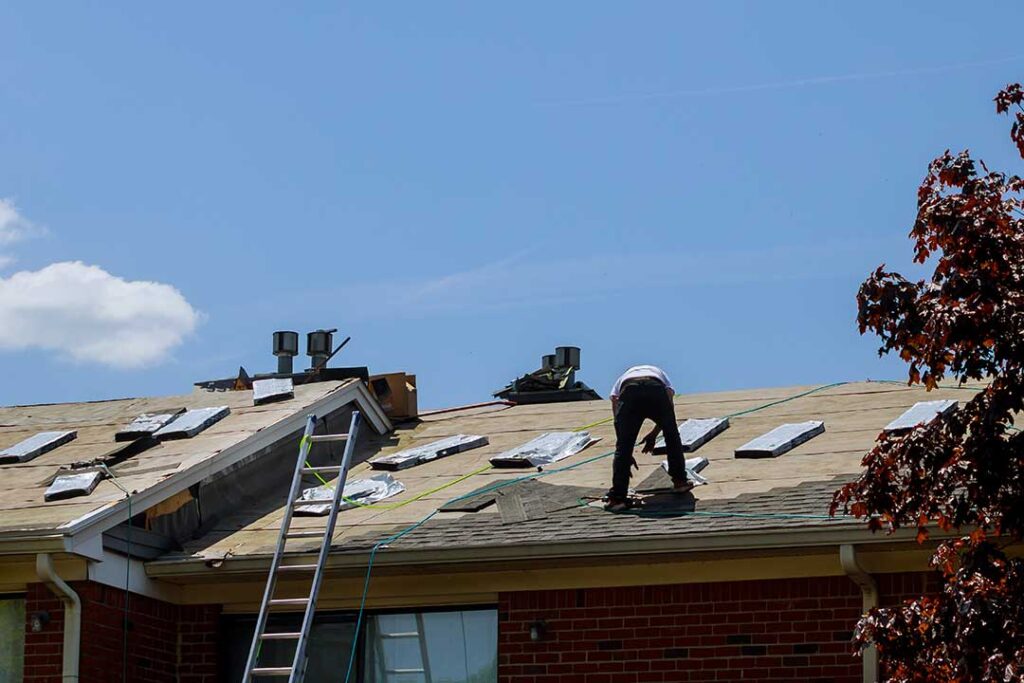A person clearing leaves and branches from a house roof with a ladder during autumn.