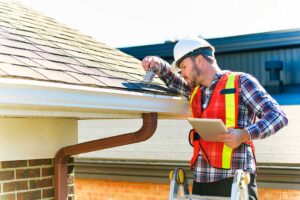 A person in safety gear using a hose and soft broom to clean moss from a residential asphalt shingle roof.