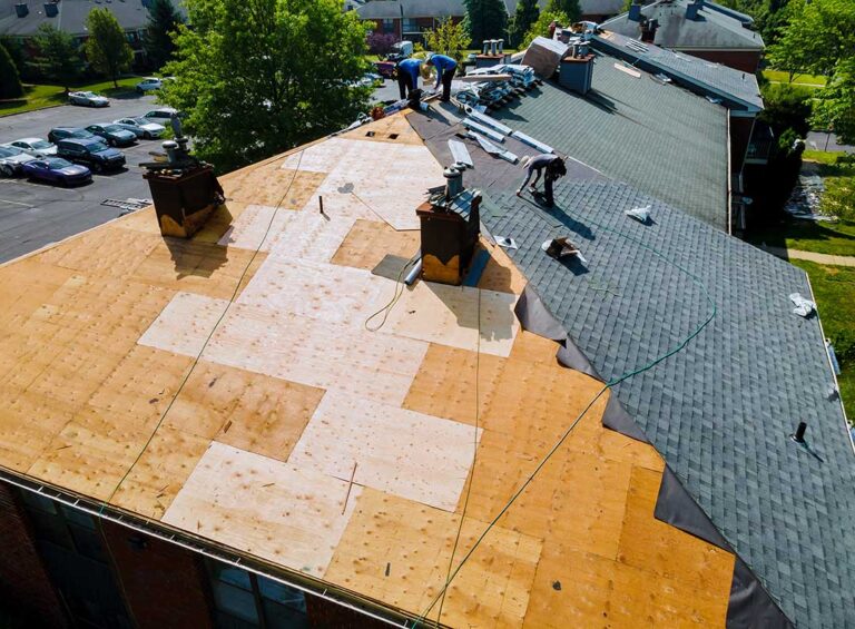 Homeowner inspecting shingles and clearing leaves from a gutter beside a roof in autumn.